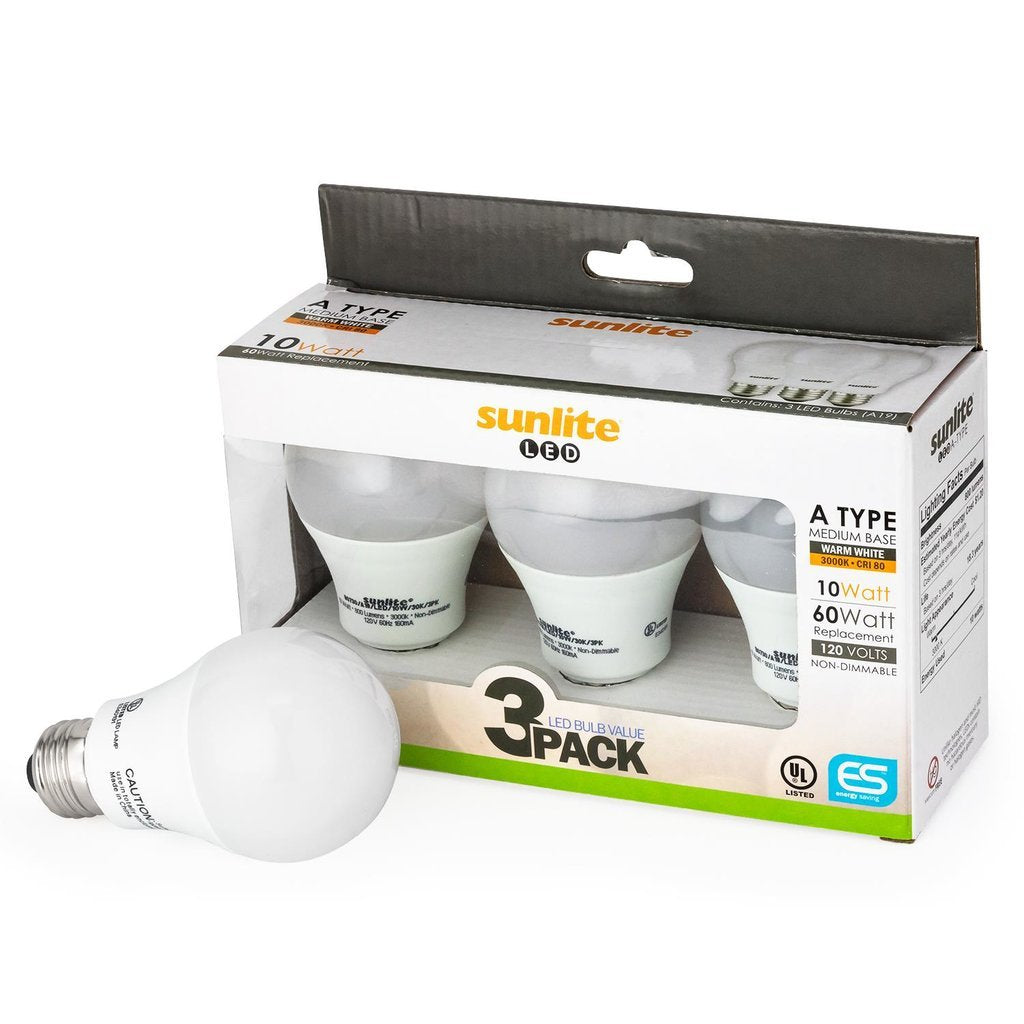 3 pack - Sunlite 80730-SU 10W A19 Warm White LED Light Bulb
