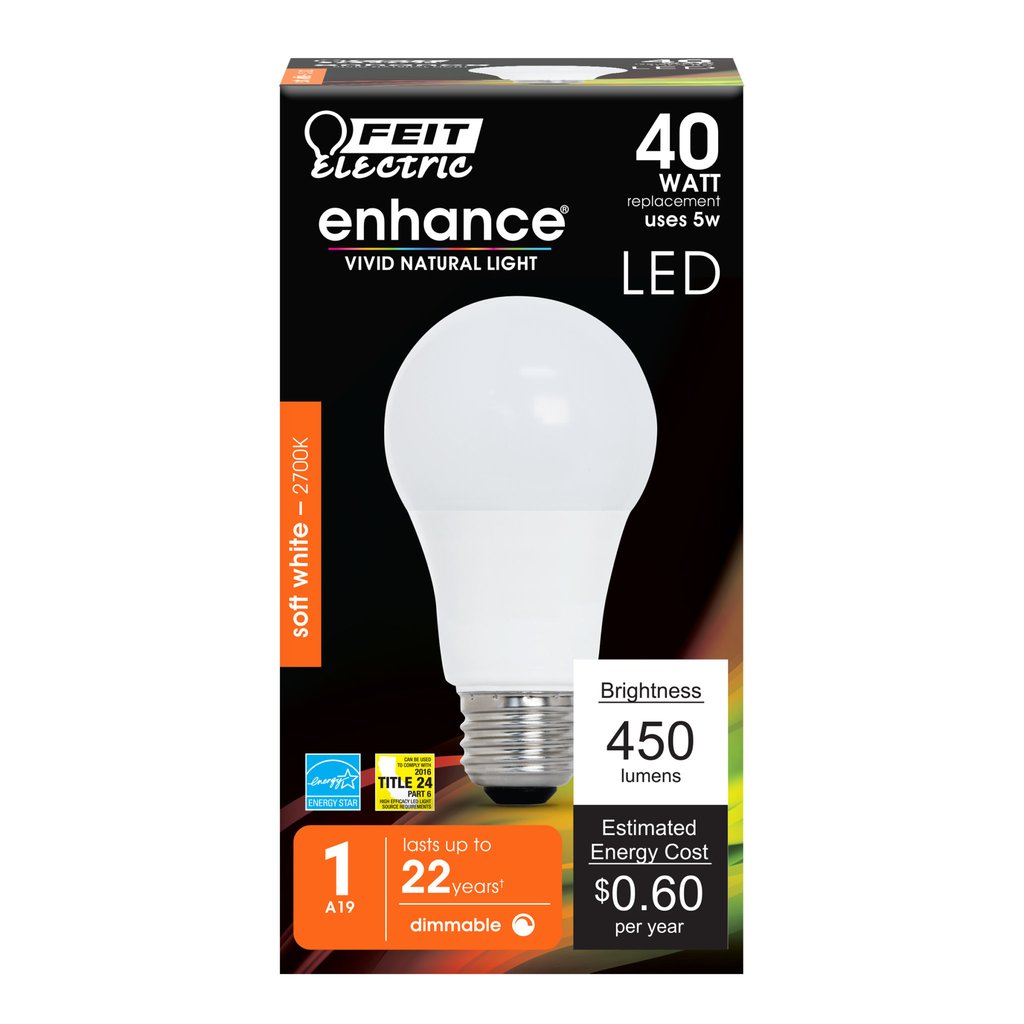 Feit Electric OM40DM/927CA 5W A19 Soft White LED Light Bulb