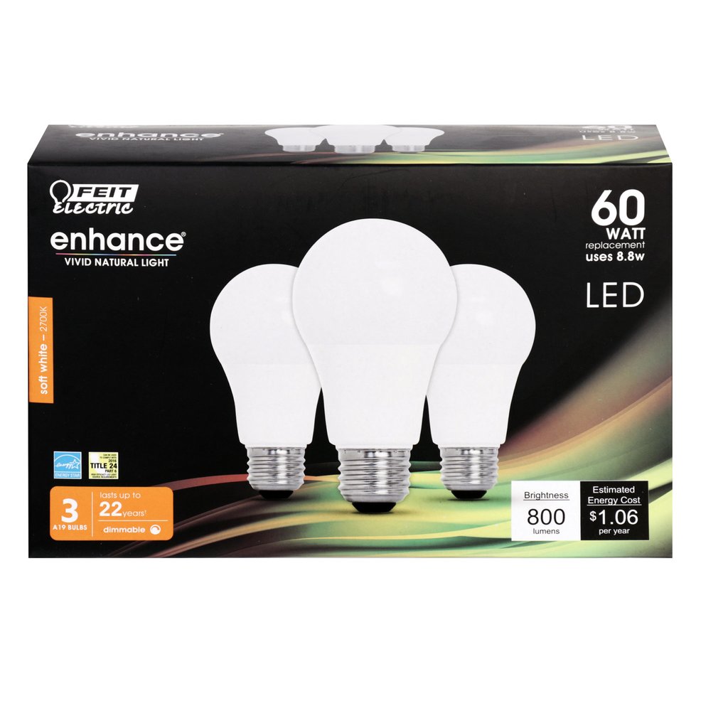 3 pack - Feit Electric OM60DM/927CA/3 8.8W A19 Soft White LED