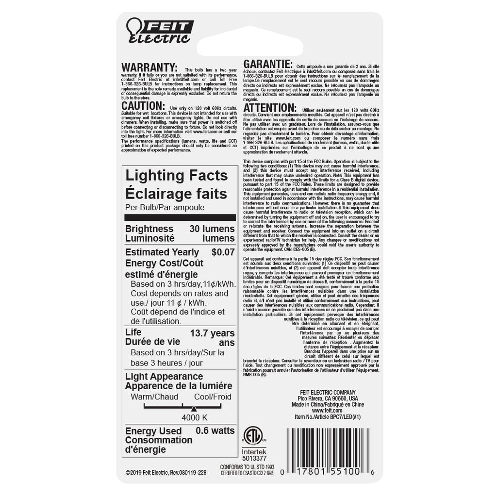 6 pack - Feit Electric BPC7/LED 0.6W C7 White LED Light Bulb