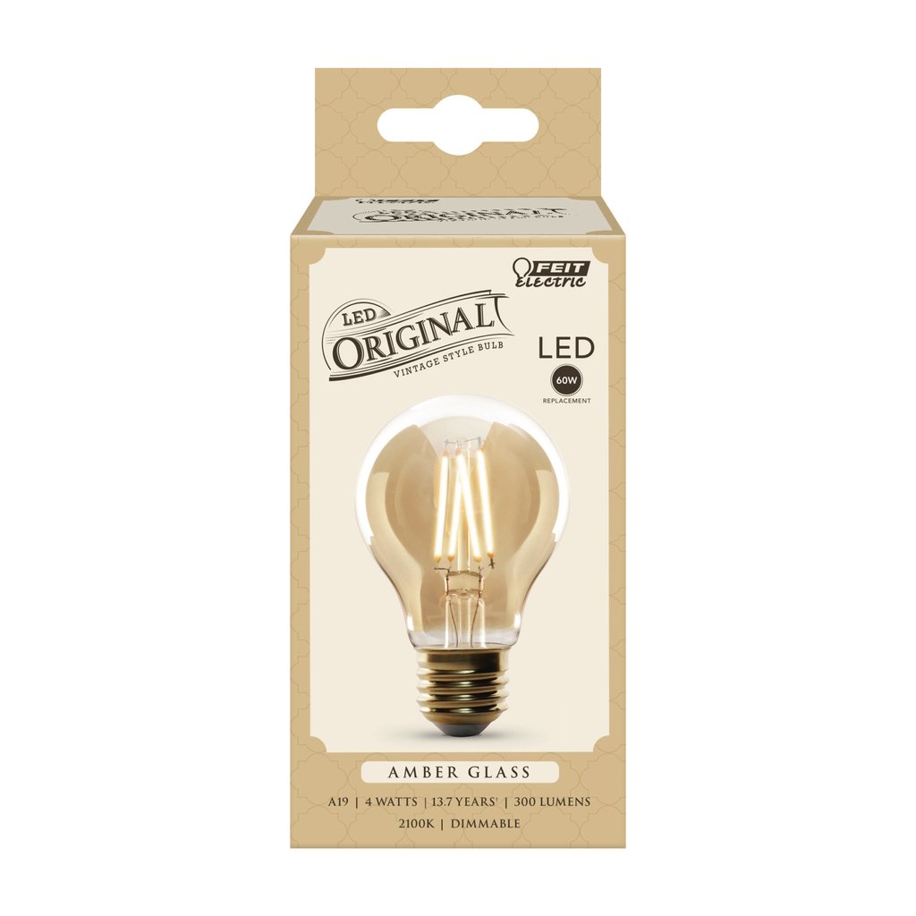 4 pack - Feit Electric AT19/VG/LED 4W A19 Warm Amber LED Light Bulb