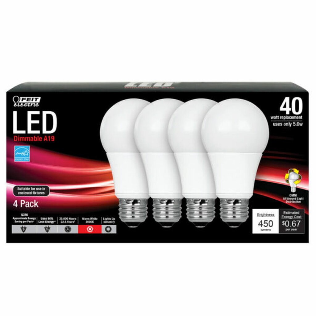 4 pack - Feit Electric OM40/830/LED/4 5.6W A19 Warm White LED