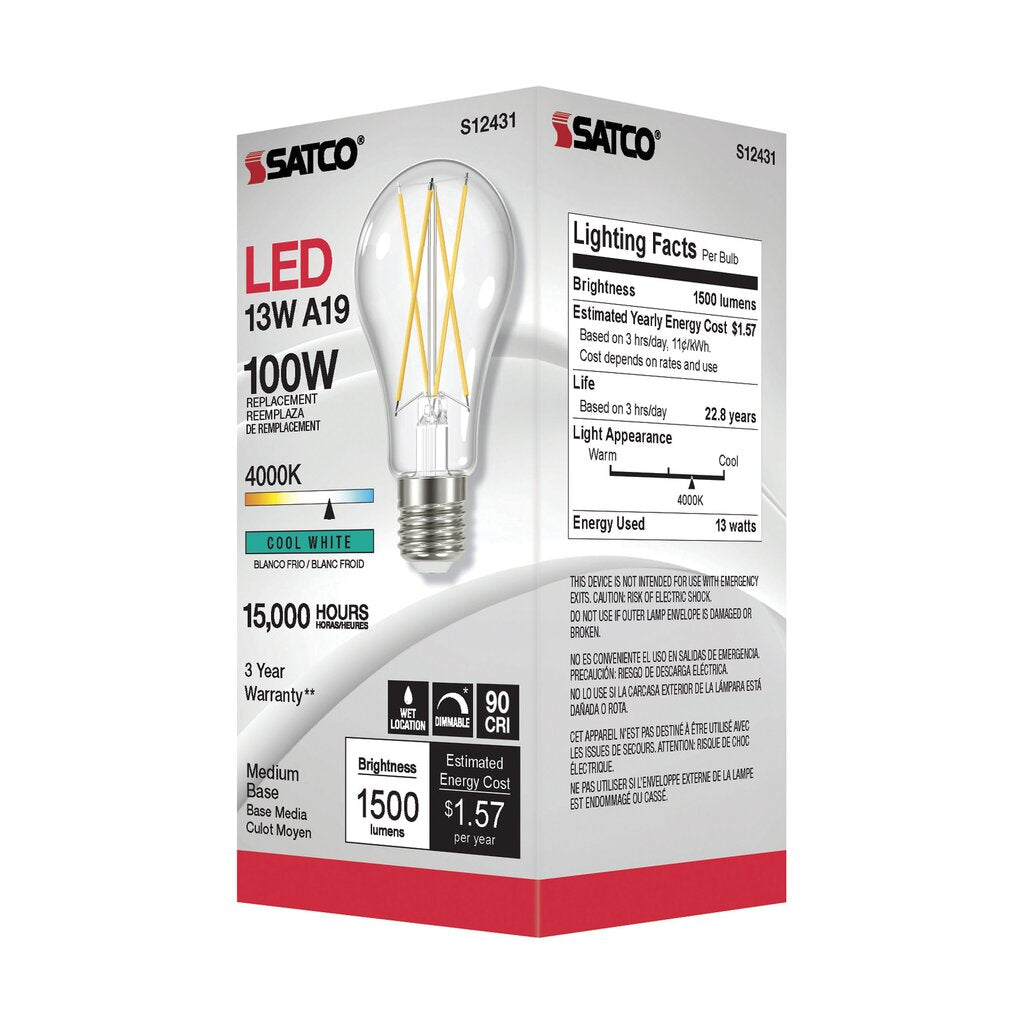 6 pack - Satco S12431 12.5W A19 LED Light Bulb