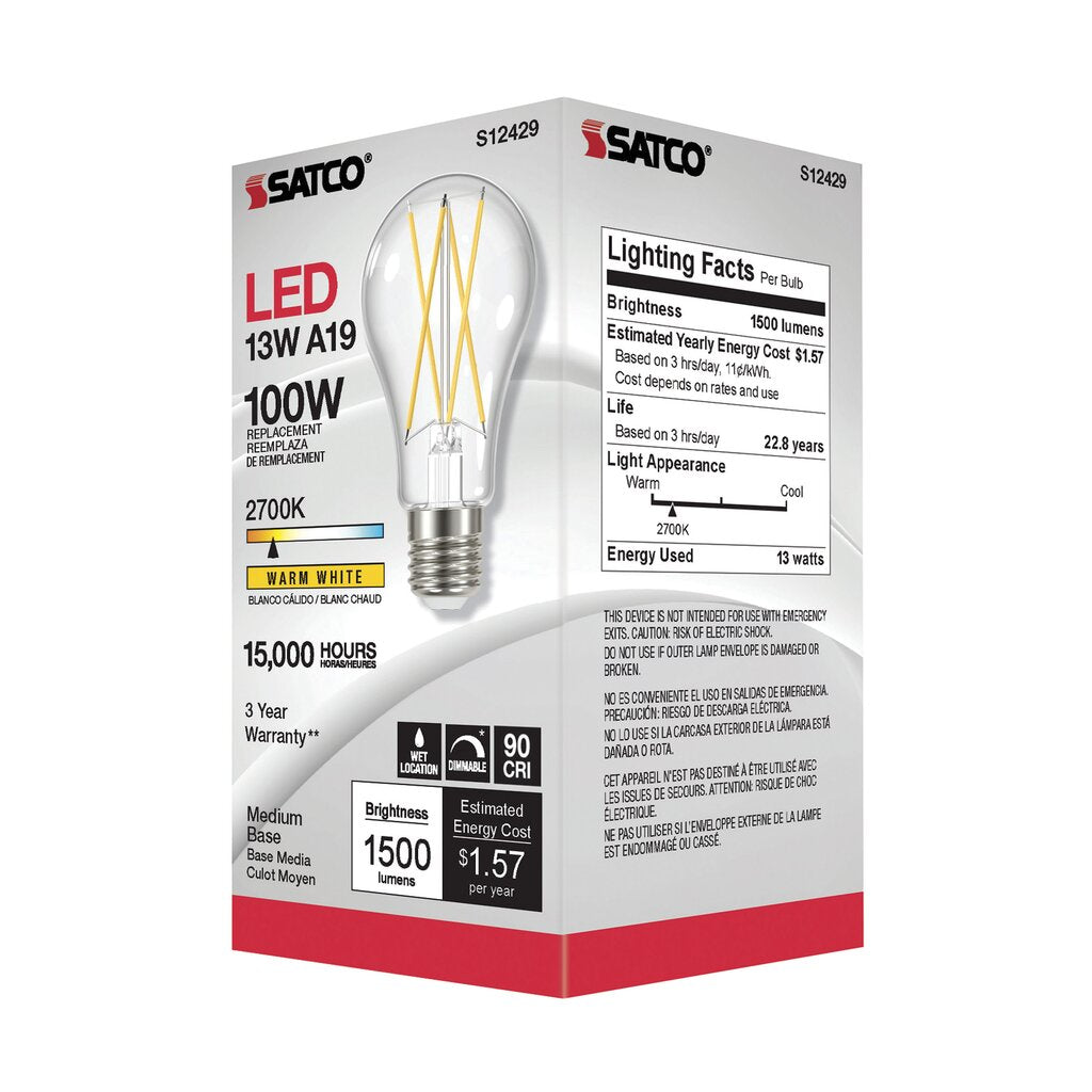 6 pack - Satco S12429 12.5W A19 Warm White LED Light Bulb