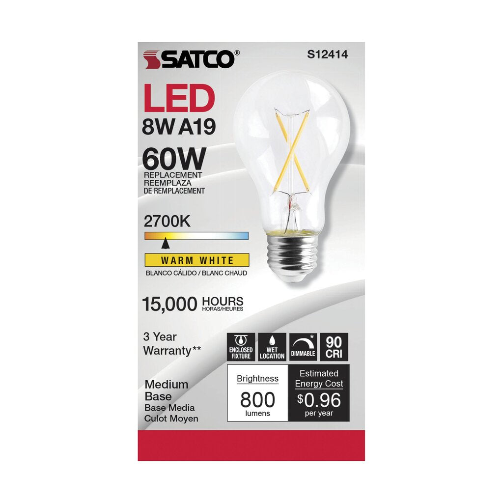 6 pack - Satco S12414 8W A19 LED Light Bulb
