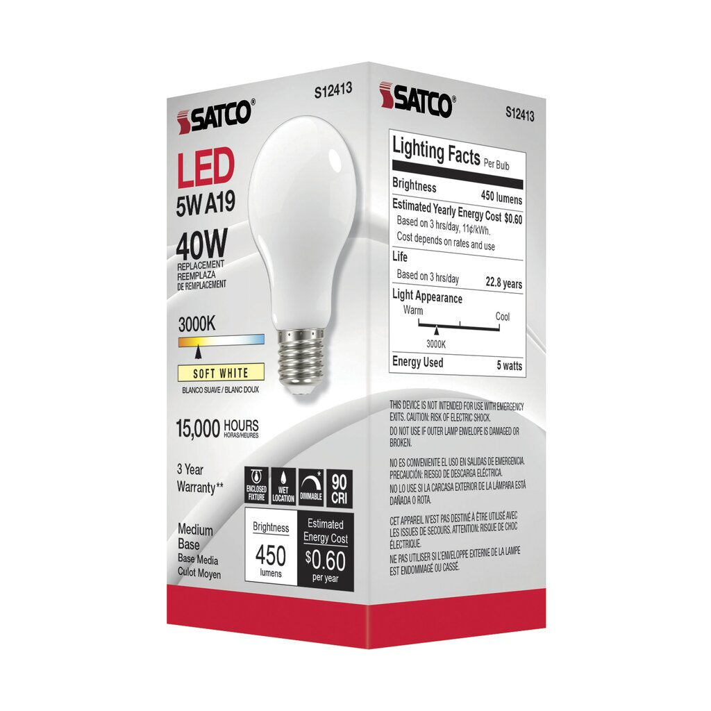6 pack - Satco S12413 5W A19 LED Light Bulb