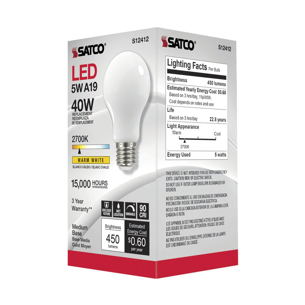 6 pack - Satco S12412 5W A19 LED Light Bulb