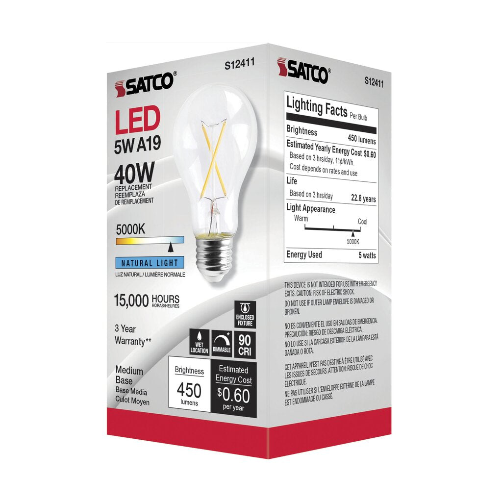 6 pack - Satco S12411 5W A19 LED Light Bulb