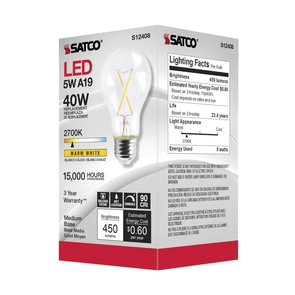 6 pack - Satco S12408 5W A19 LED Light Bulb