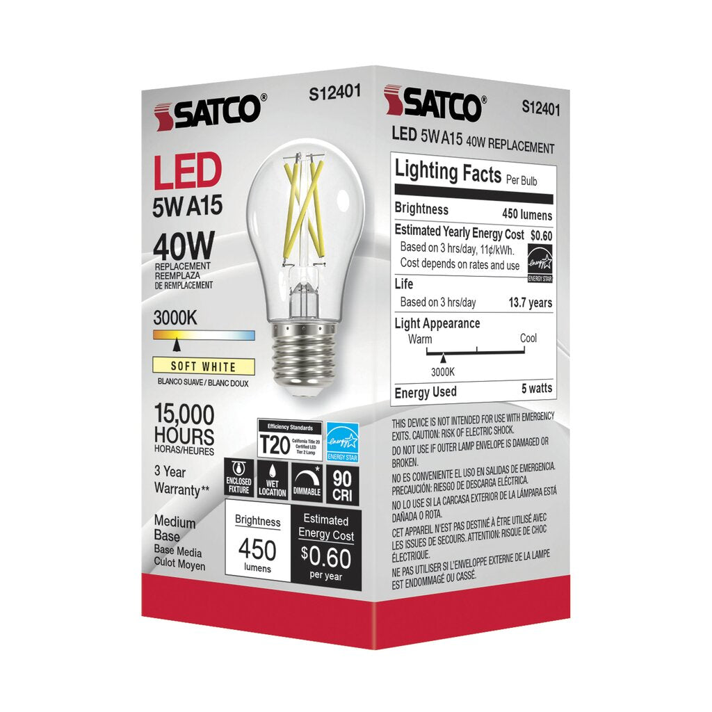 6 pack - Satco S12401 5W A15 Warm White LED Light Bulb