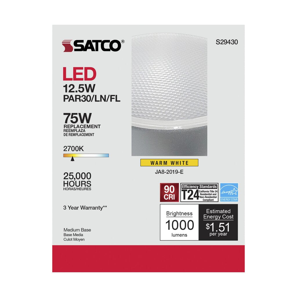 6 pack - Satco S29430 12.5W PAR30 Long Warm White LED Light Bulb