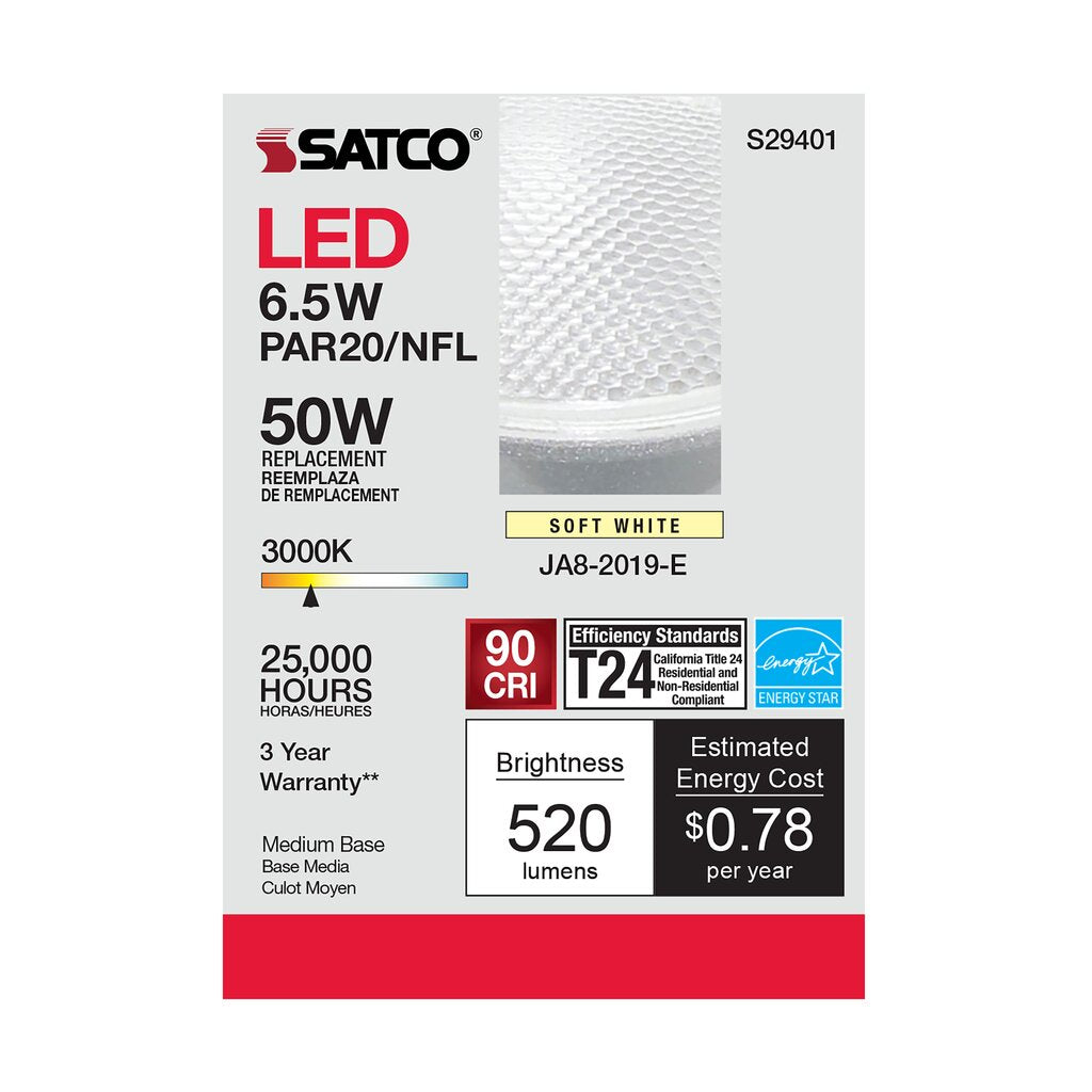 6 pack - Satco S29401 6.5W PAR20 LED Light Bulb