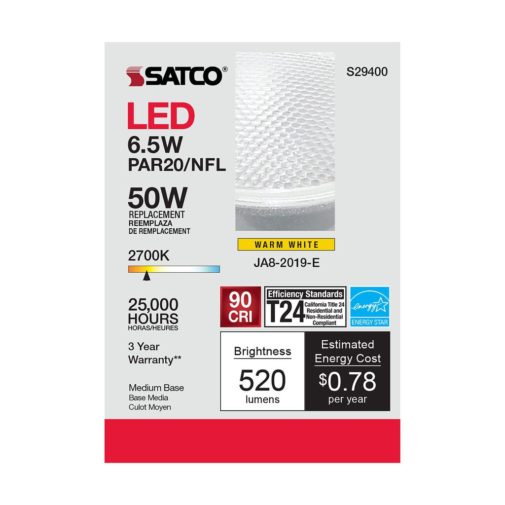 6 pack - Satco S29400 6.5W PAR20 Warm White LED Light Bulb