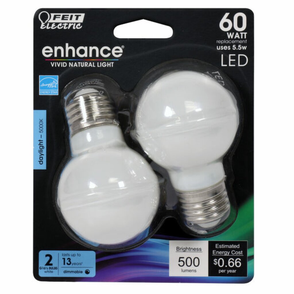 2 pack - Feit Electric BPGM60W/950CA/FIL 5.5W G16.5 LED Light Bulb