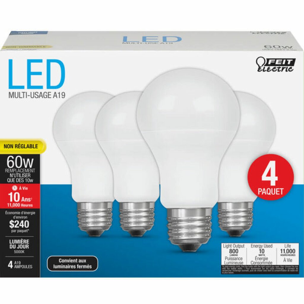 4 pack - Feit Electric A800/850/10KLED/4 8.5W A19 Daylight LED
