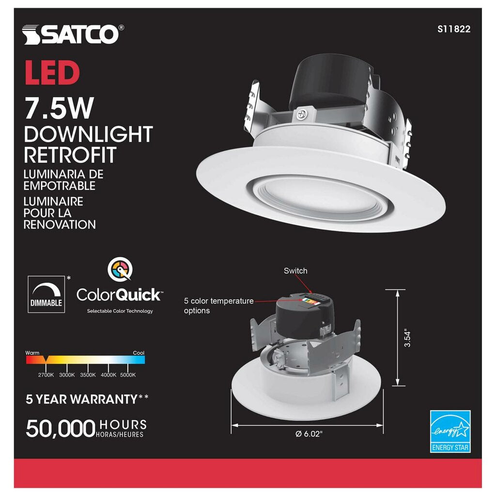 Satco S11822 7.5W LED Downlight Retrofit Dimmable Fixture Directional