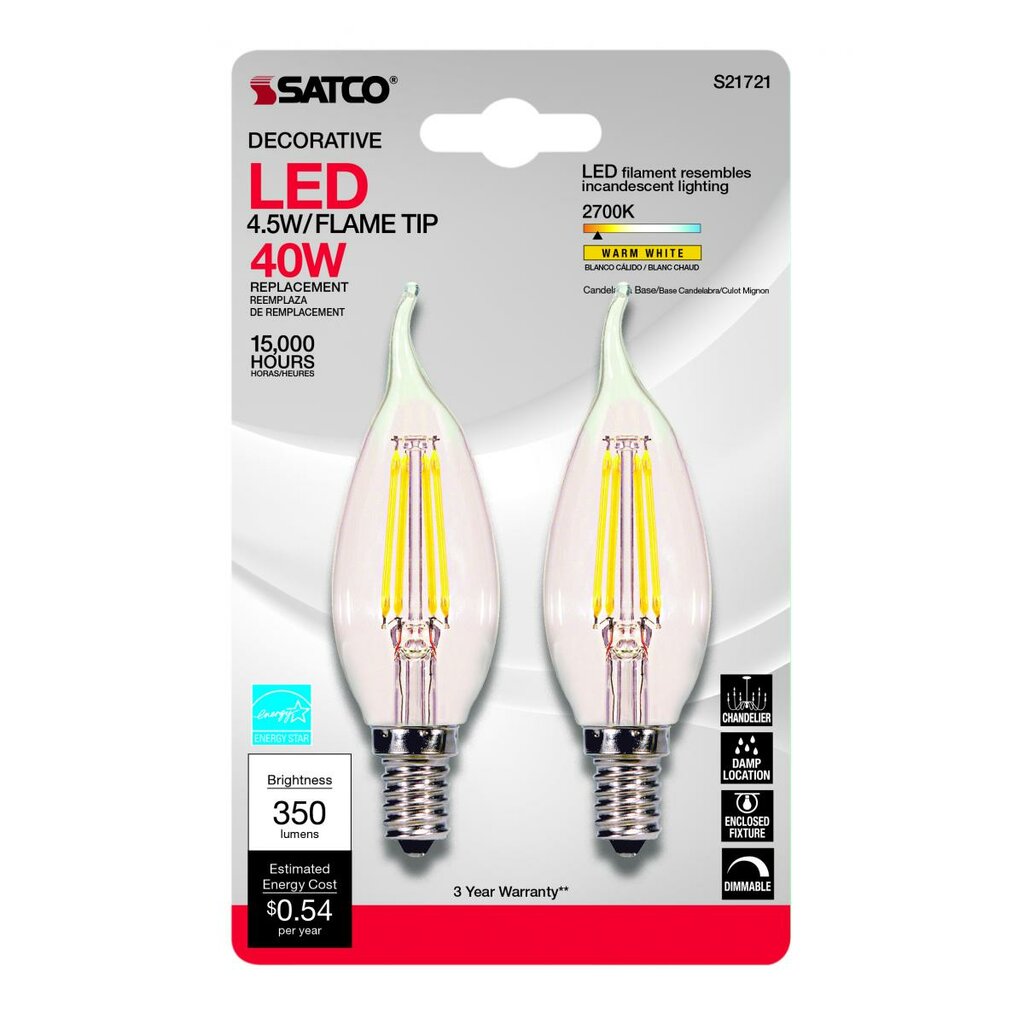 2 pack - Satco S21721 4.5W CA10 LED Light Bulb