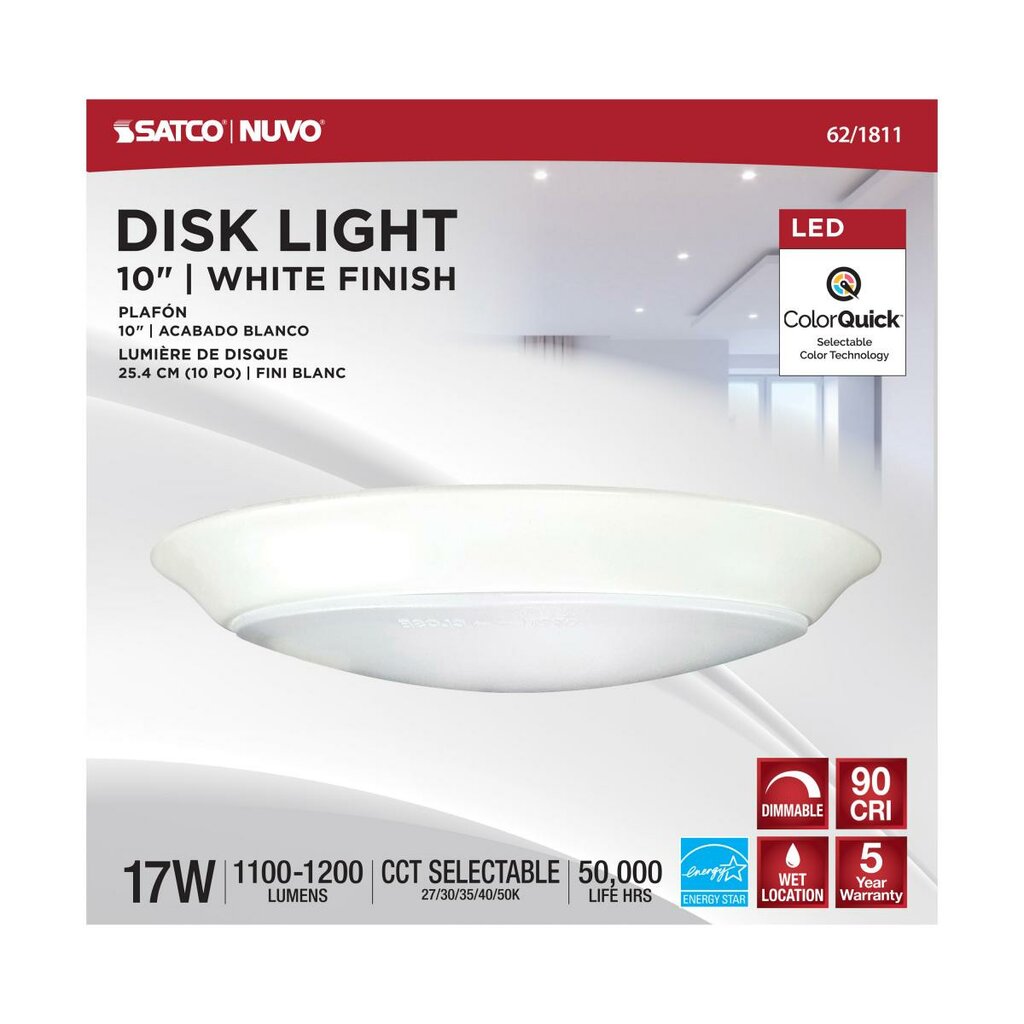 Satco 62-1811 17W LED Disc Light Dimmable Fixture 10 inch; Disk Light;