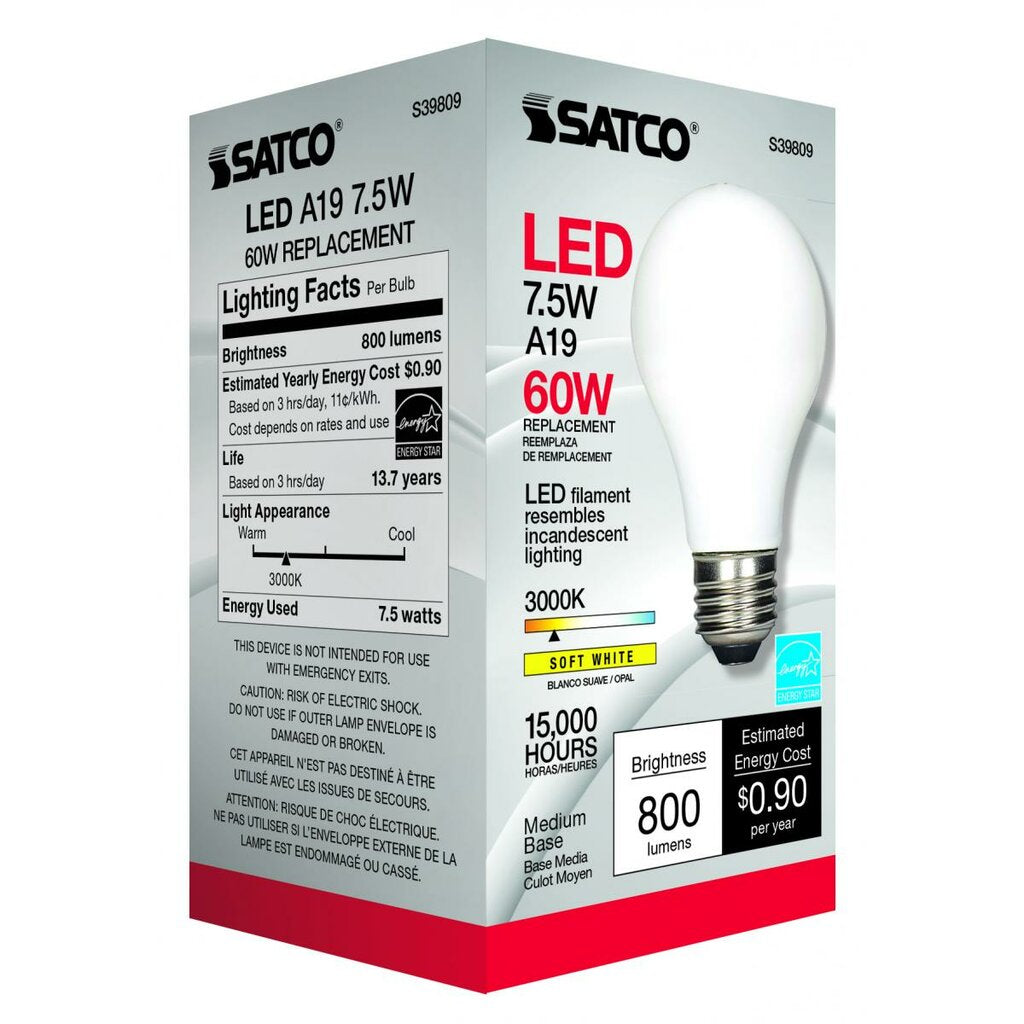 Satco S39809 7.5W A19 Soft White LED Light Bulb