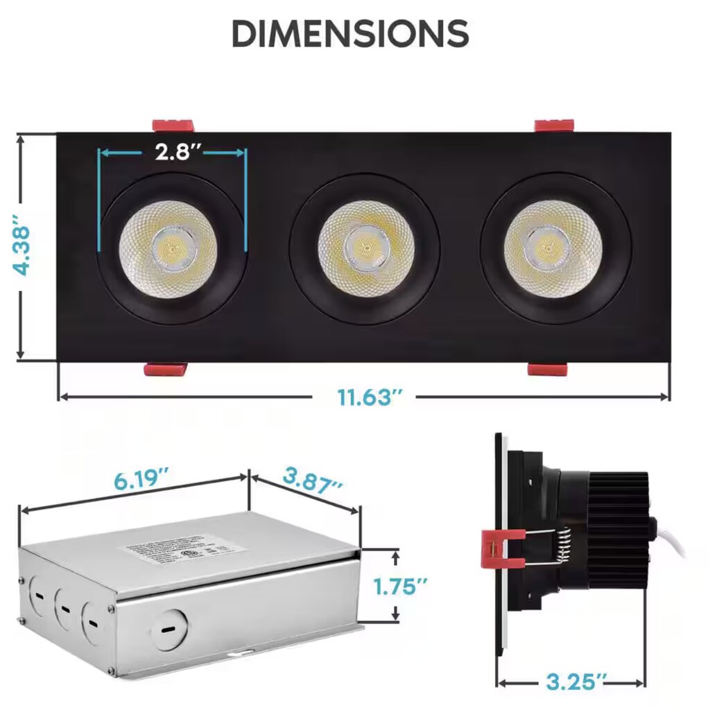 Luxrite LR32186 36W LED Gimbal Dimmable Fixture 11 in. Canless 3 Head