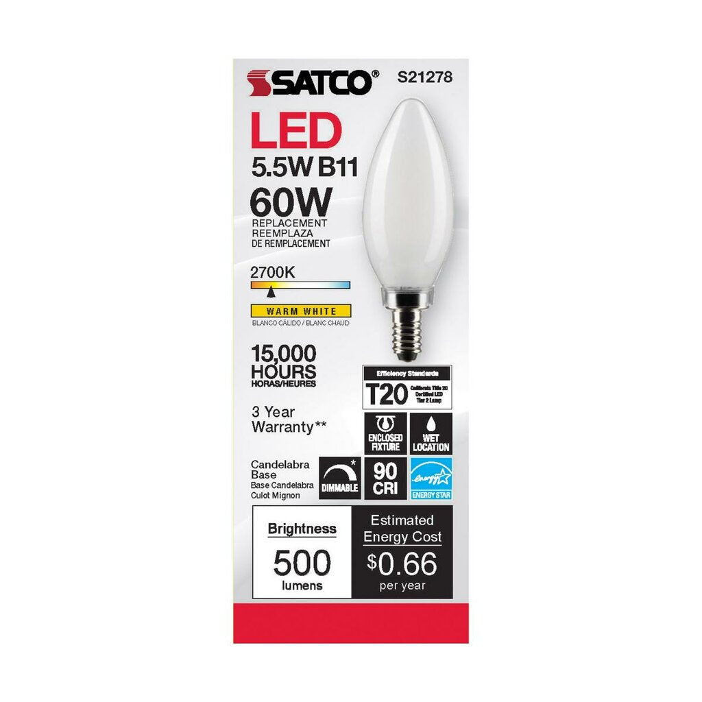6 pack - Satco S21278 5.5W B11 LED Light Bulb
