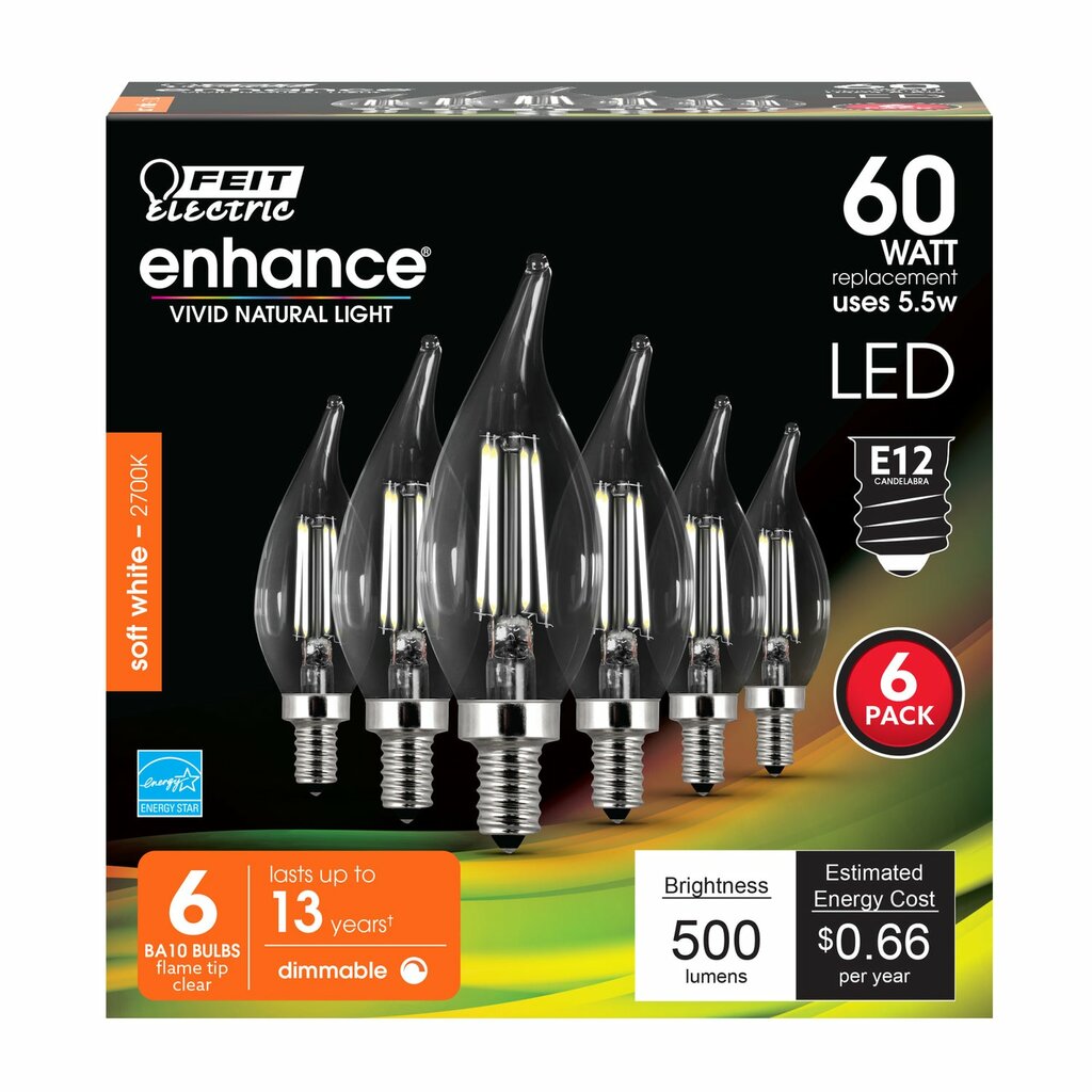 6 pack - Feit Electric CFC60/927CA/FIL/6 5.5W B10 Warm White LED