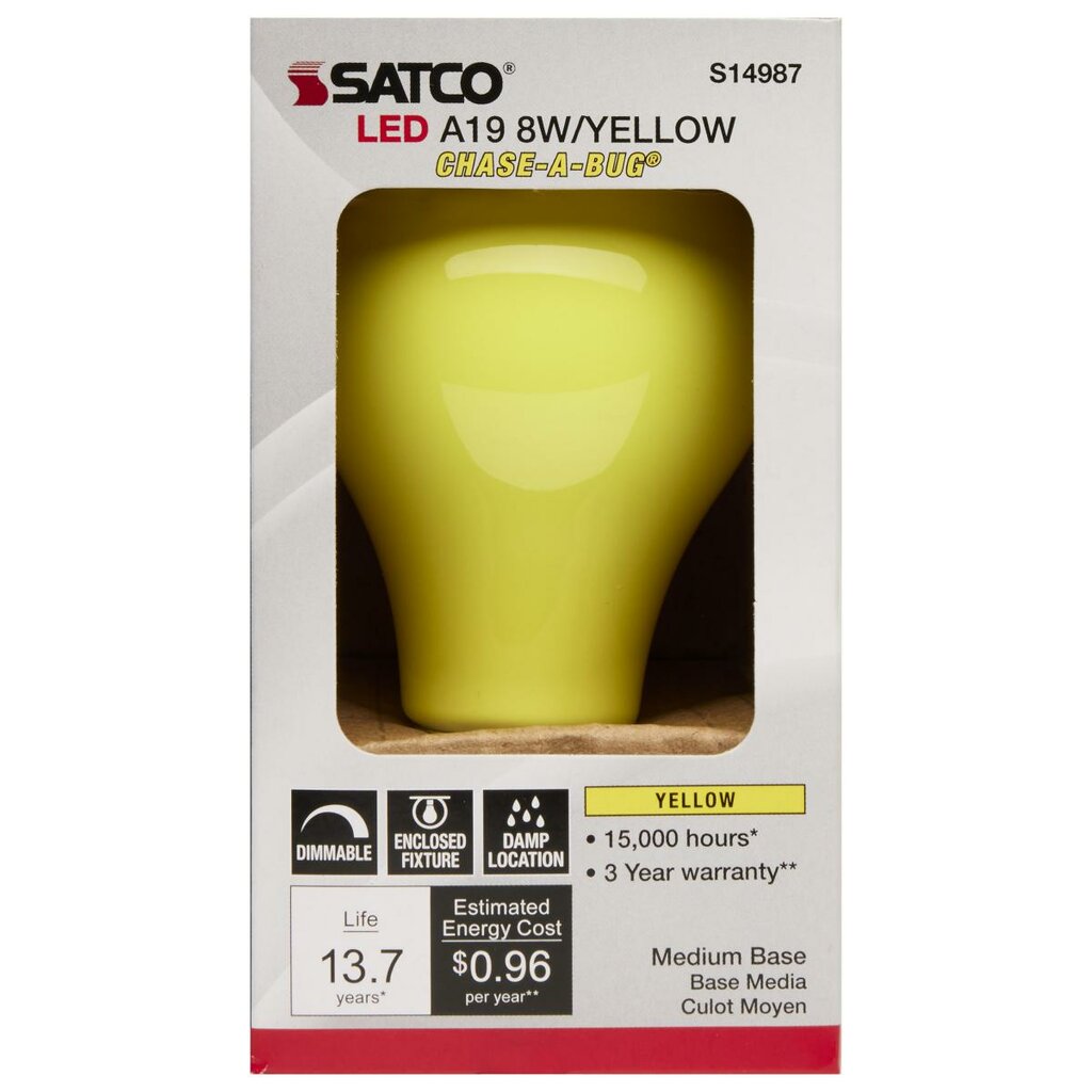 6 pack - Satco S14987 8W A19 Yellow LED Light Bulb