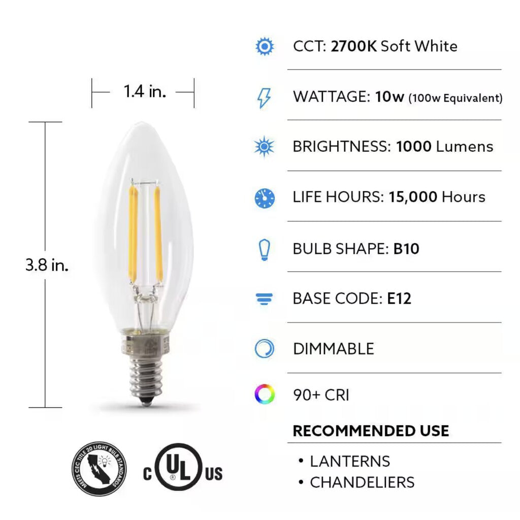 2 pack - Feit Electric BPCTC100927CAFIL/2 10W B10 Warm White LED