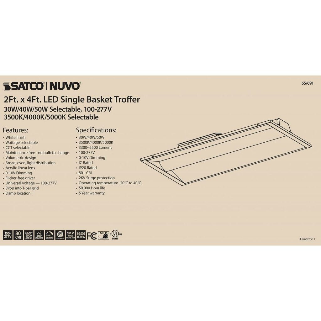 Satco 65-691 30W/40W/50W 2x4 LED Troffer Dimmable Fixture Single