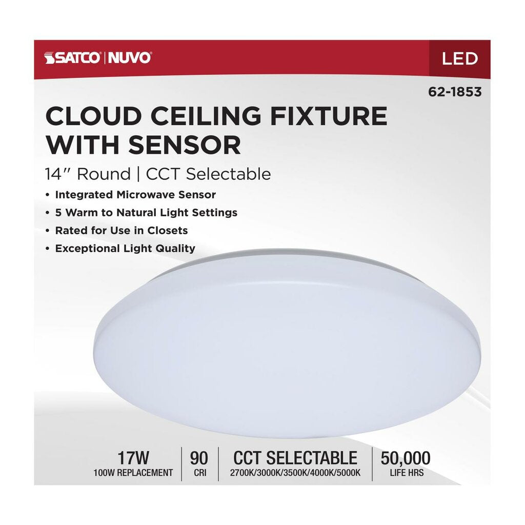 Satco 62-1853 13.5W LED Dimmable Fixture 14" CLOUD FIXTURE W/SENSOR