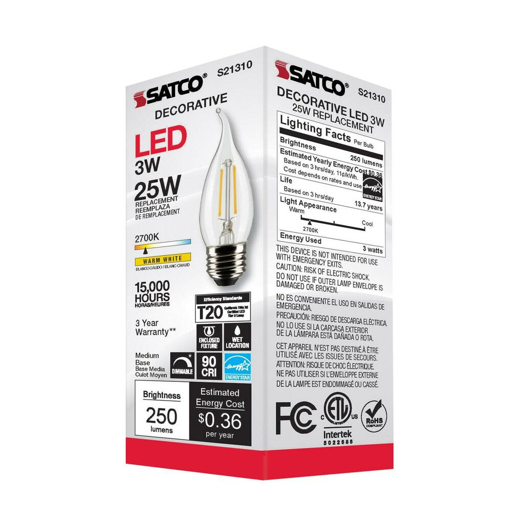 Satco S21310 3W CA10 Warm White LED Light Bulb
