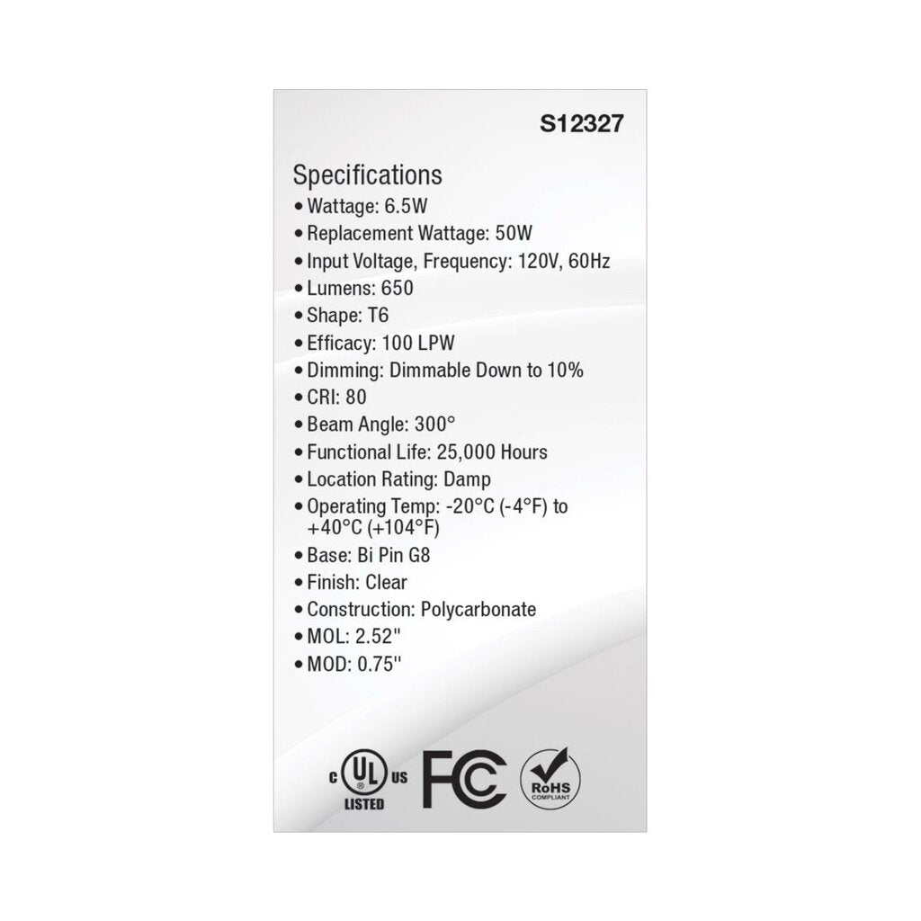 Satco S12327 6.5W T6 LED Light Bulb