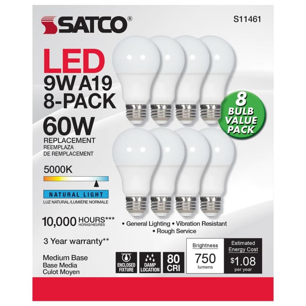 8 pack - Satco S11461 9W A19 LED Light Bulb