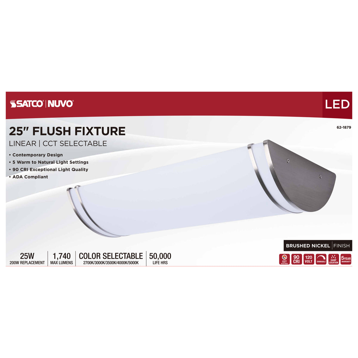 Nuvo 62-1879 Glamour, LED 25 Inch Linear Flush Mount, Brushed Nickel Finish