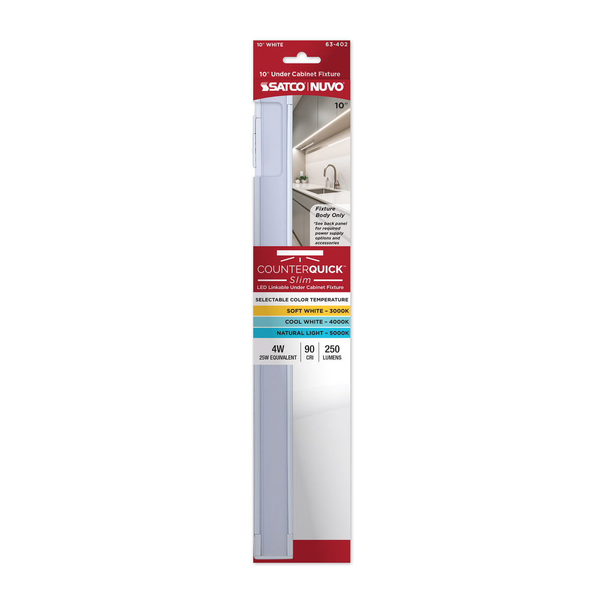 Nuvo 63-402 4 Watt 10-Inch LED Under Cabinet, 30K/40K/50K CCT Selectable, White Finish 120 Volt