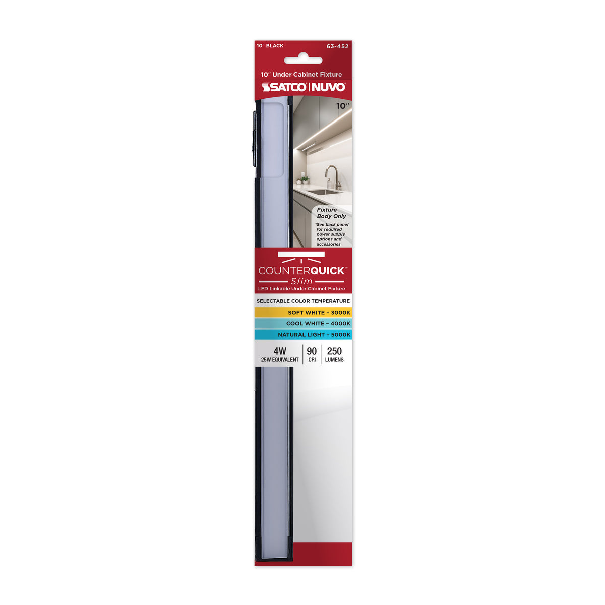 Nuvo 63-452 4 Watt 10-Inch LED Under Cabinet, 30K/40K/50K CCT Selectable, Black Finish 120 Volt