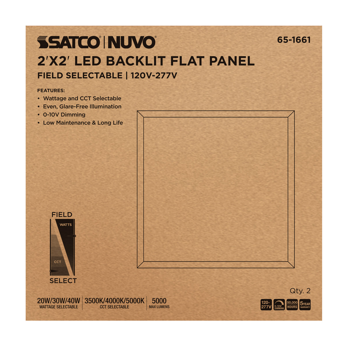Nuvo 65-1661 20/30/40 Wattage Selectable LED 2ft x 2ft Backlit Panel, 35K/4K/5K CCT Selectable, 120-277 Range Voltage