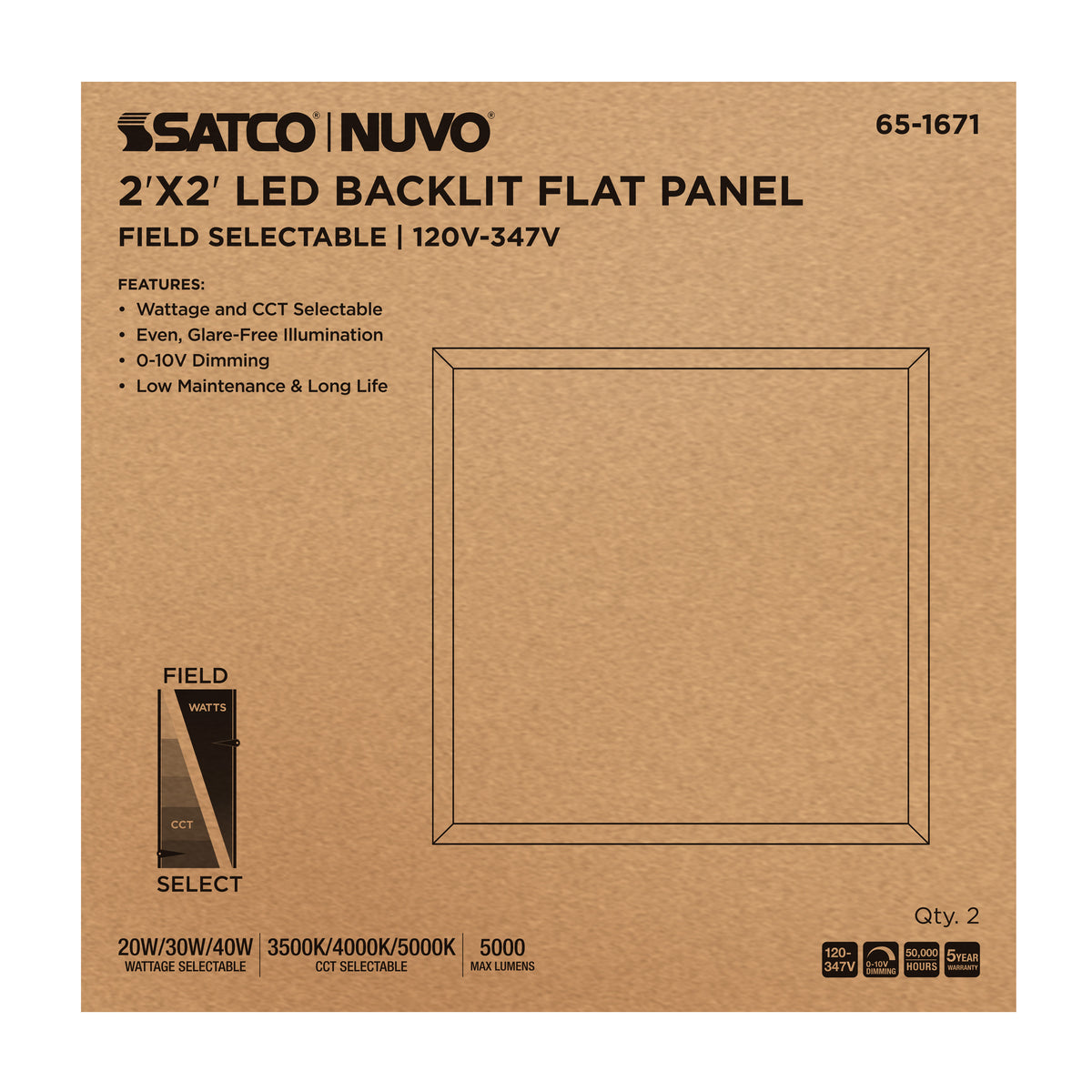 Nuvo 65-1671 20/30/40 Wattage Selectable LED 2ft x 2ft Backlit Panel, 35K/4K/5K CCT Selectable, 120-347 Range Voltage