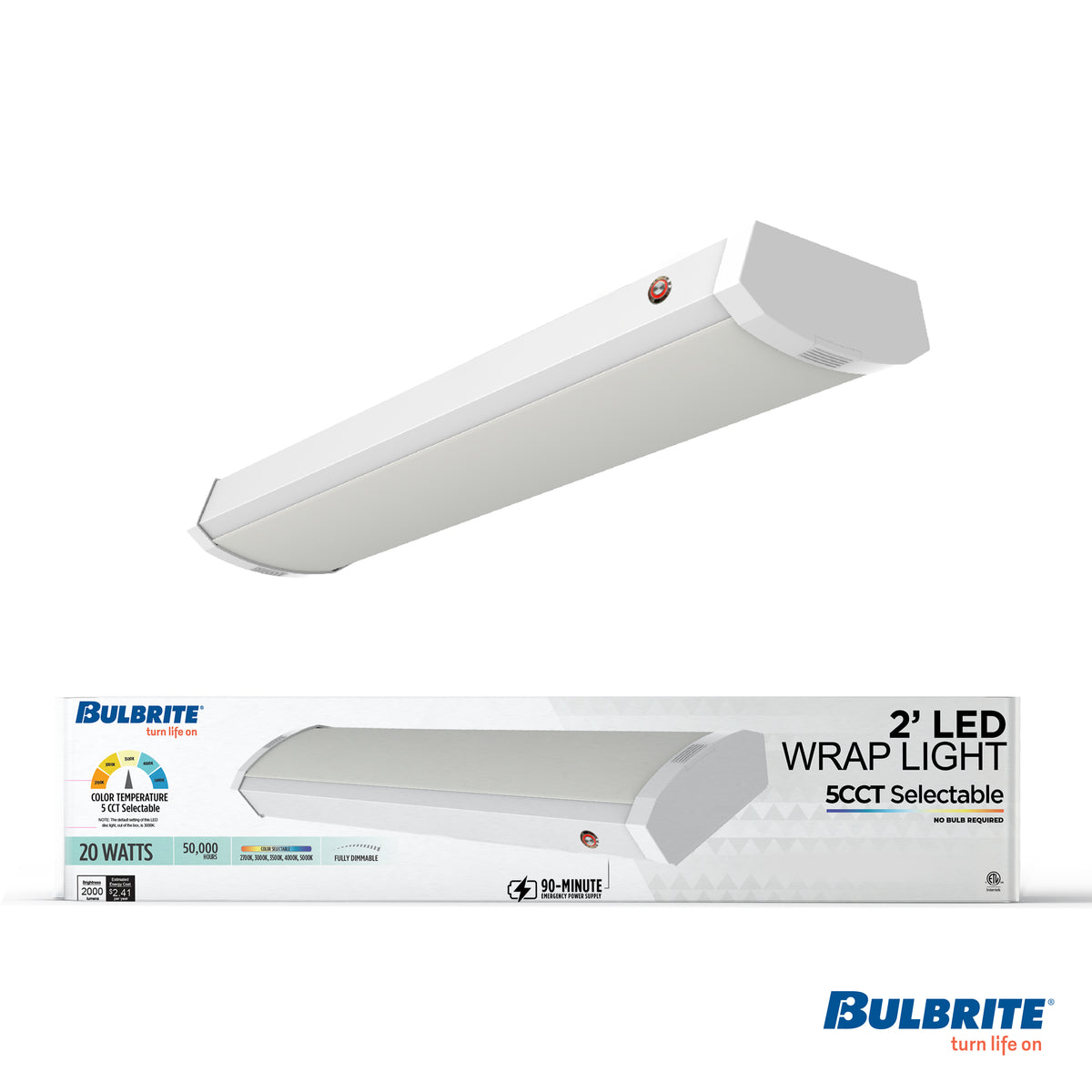 Bulbrite 773505 2 ft. Integrated 5 Color Selectable LED Dimmable Wraparound Light W/ Battery Backup (120-277v), 2300 Lumens, White