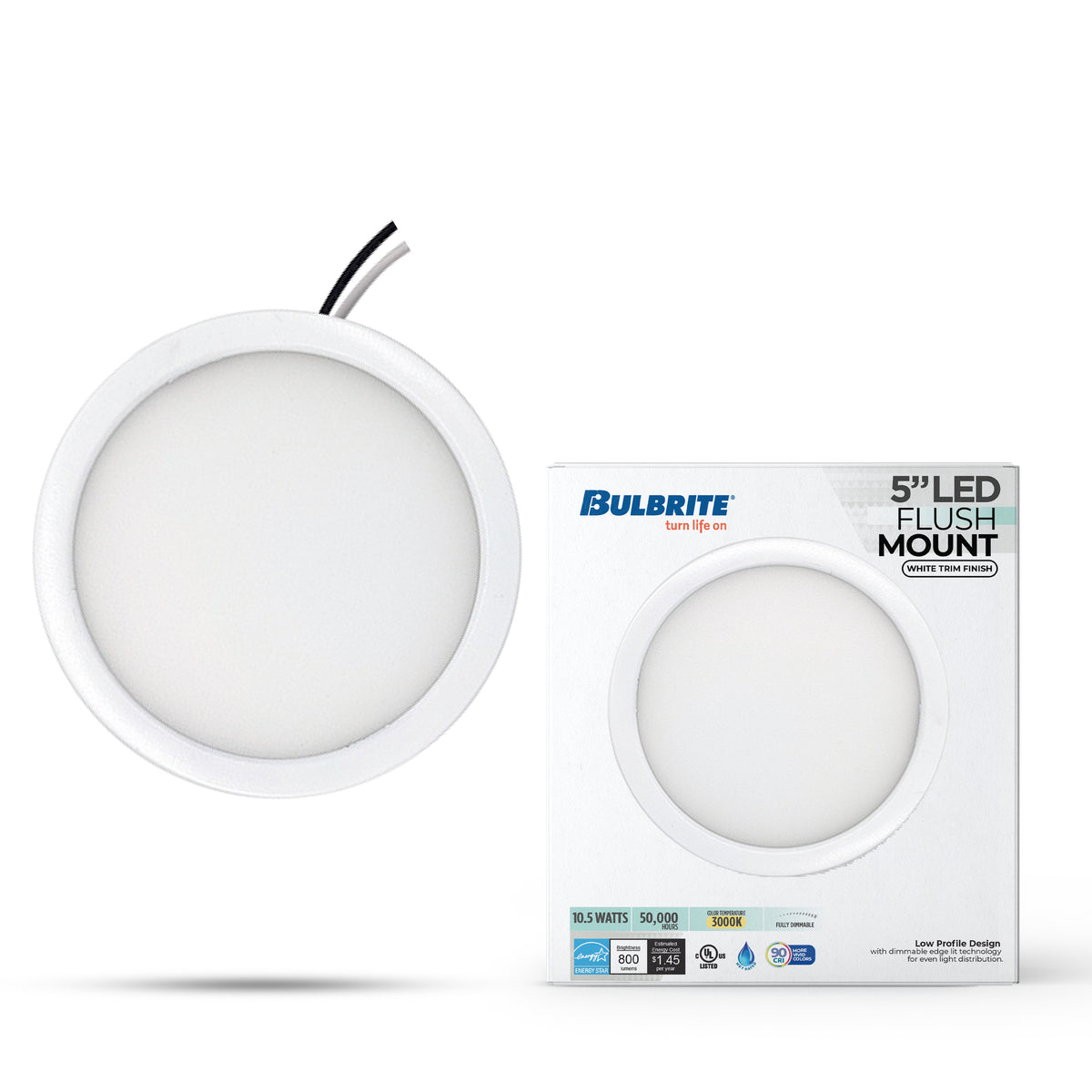 Bulbrite 773600 5" Round 10.3-Watt 3000K LED Flush Mount Light, 850 Lumens, White Finish