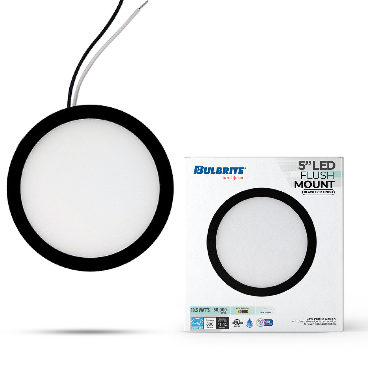 Bulbrite 773601 5" Round 10.3-Watt 3000K LED Flush Mount Light, 850 Lumens, Black Finish