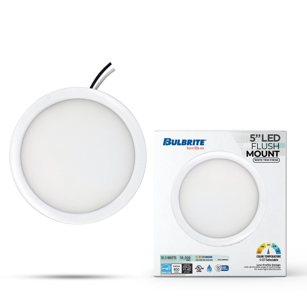 Bulbrite 773603 5" Round 10.3-Watt 5 Color Selectable LED Flush Mount Light, 850 Lumens, White Finish