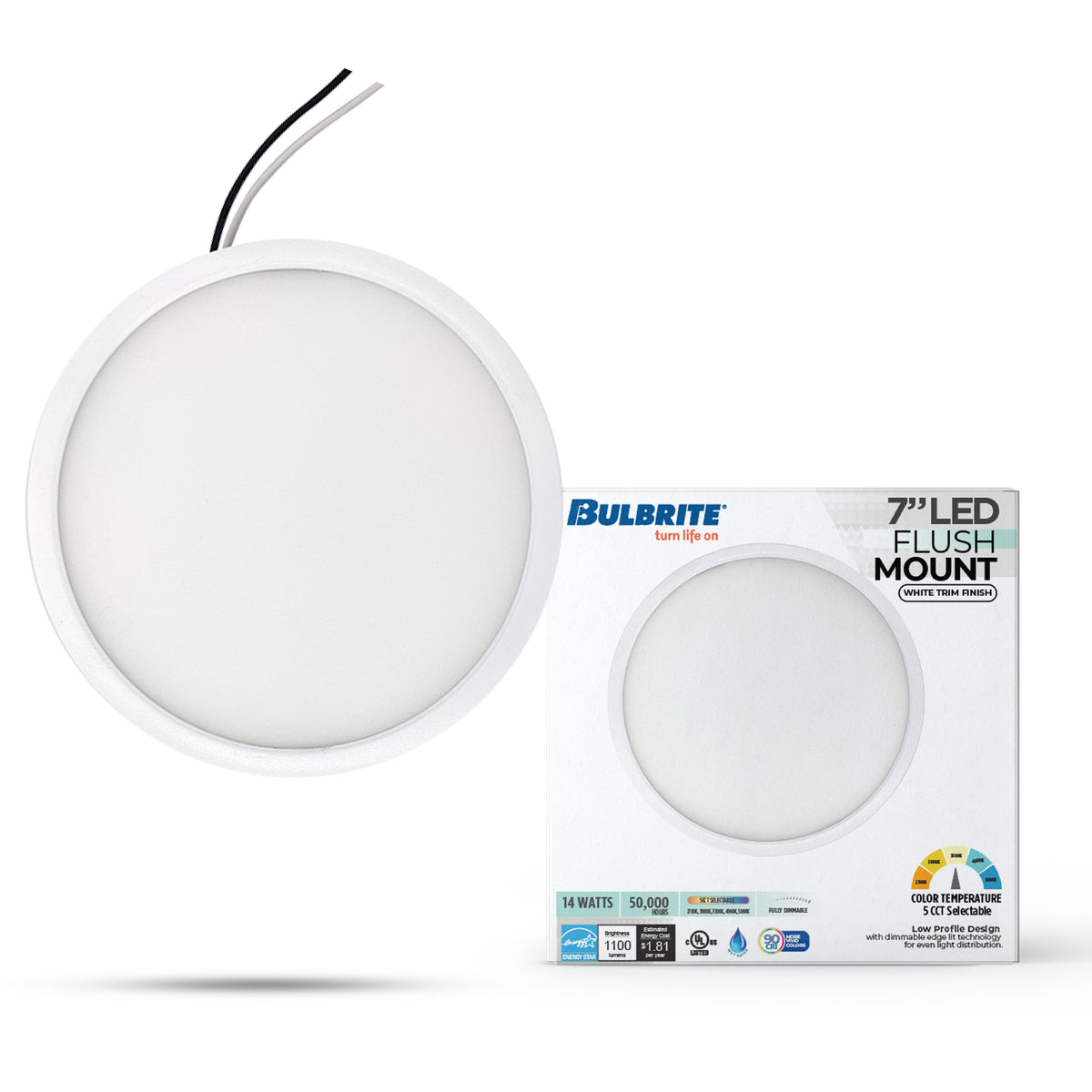 Bulbrite 773607 7" Round 10.3-Watt 5 Color Selectable LED Flush Mount Light, 1150 Lumens, White Finish