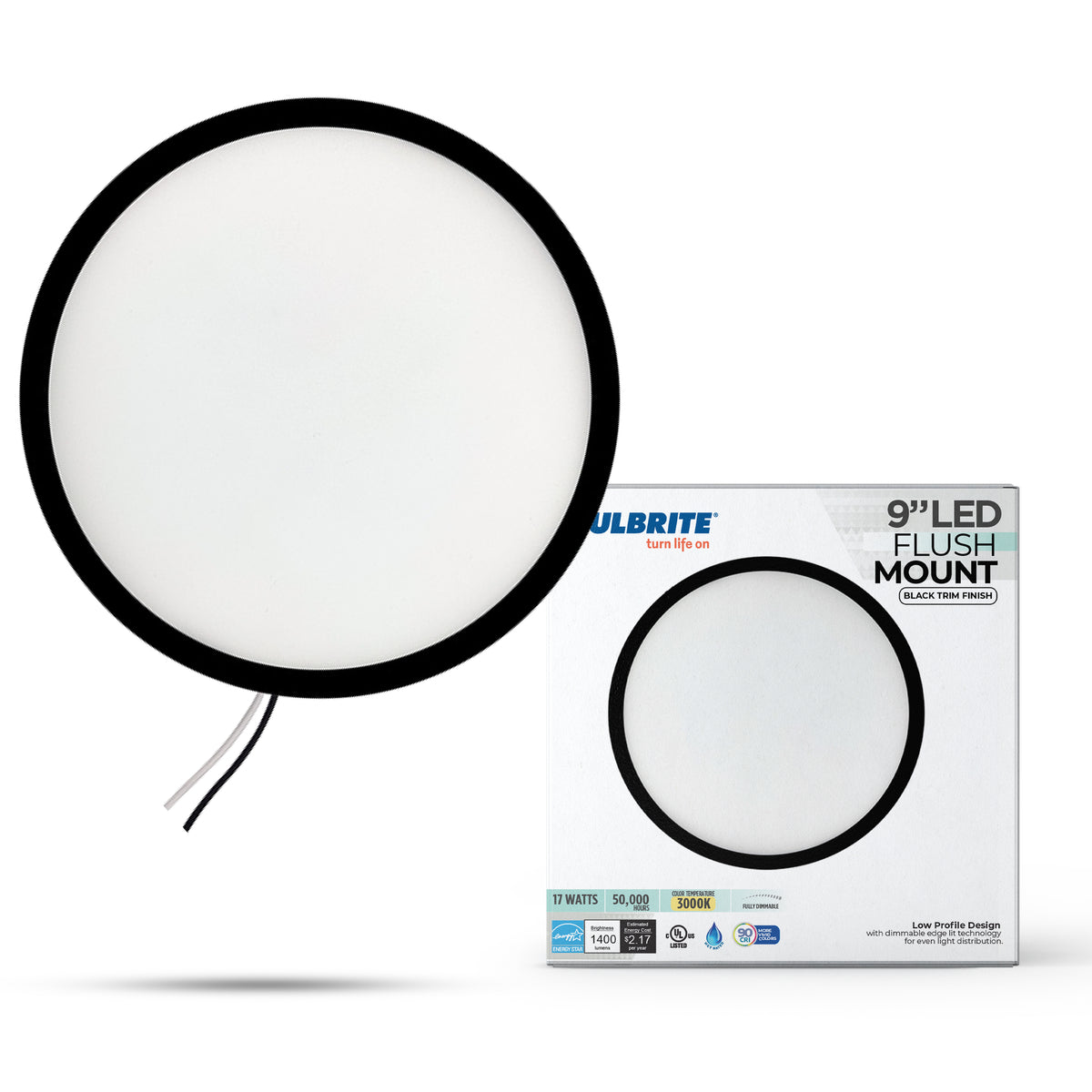 Bulbrite 773609 9" Round 17-Watt 3000K LED Flush Mount Light, 1400 Lumens, Black Finish