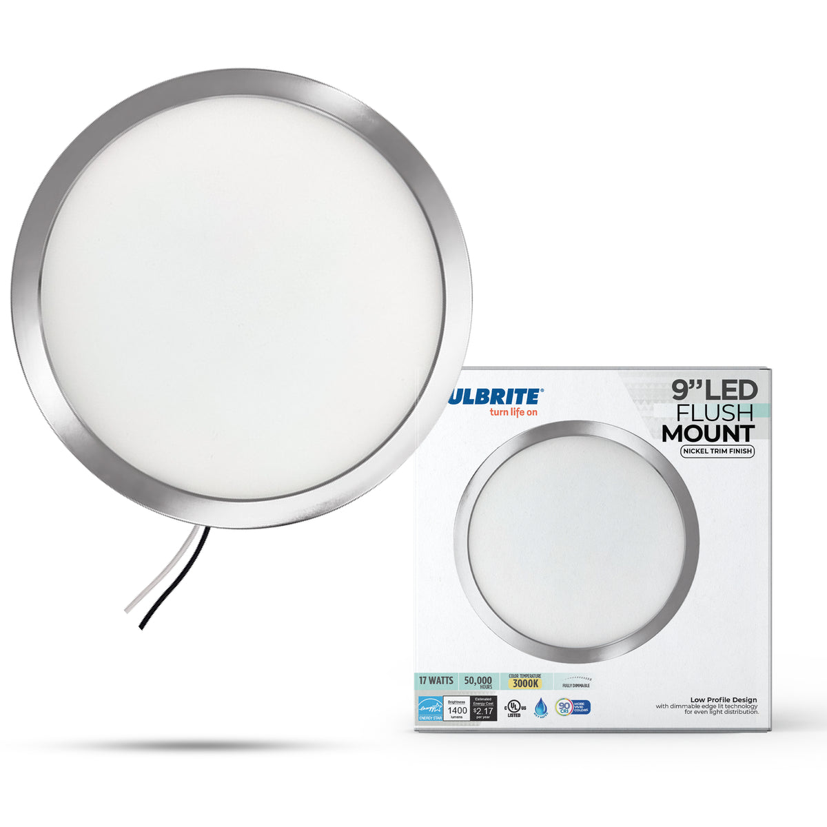 Bulbrite 773610 9" Round 17-Watt 3000K LED Flush Mount Light, 1400 Lumens, Nickel Finish