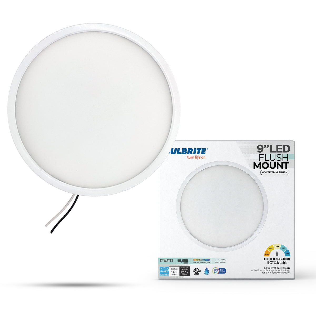 Bulbrite 773611 9" Round 17-Watt 5 Color Selectable LED Flush Mount Light, 1400 Lumens, White Finish
