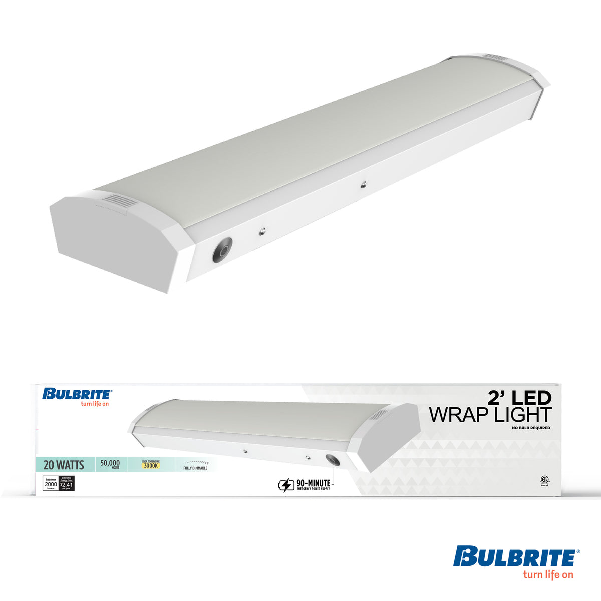 Bulbrite 773504 2 ft. 3000K LED Dimmable Wraparound Light W/ Battery Backup (120-277v), 2300 Lumens, White