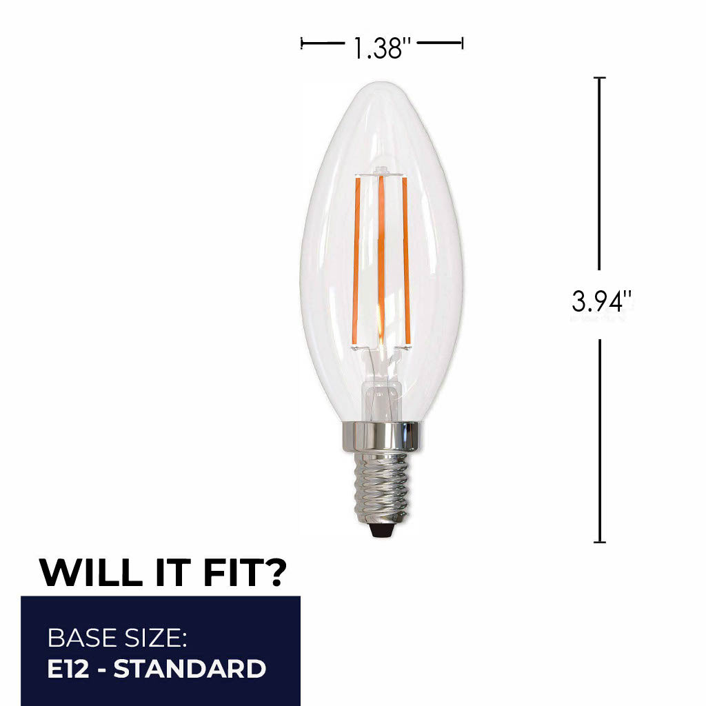 Bulbrite 776204 LED Filament 5.1 Watt Dimmable B11 Light Bulb with Clear Finish and Candelabra Screw 3000K E12 Base - 3000K (Soft White Light) 500 lumens