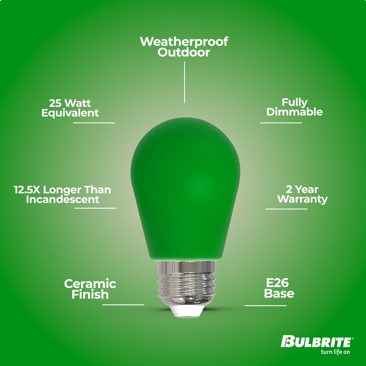 Bulbrite 776153 25-Watt Equivalent Ceramic Green Color S14 Weatherproof Outdoor E26 Medium Base LED Light Bulb