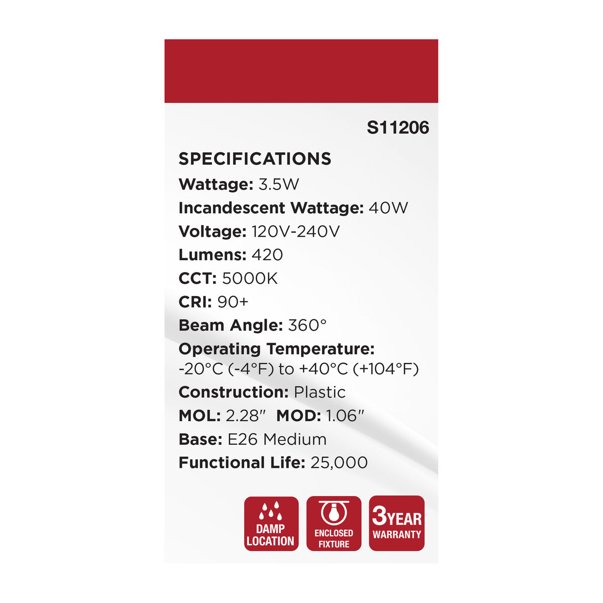 Satco S11206 3.5W T14 Natural Light LED Light Bulb Medium Base